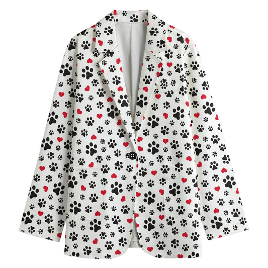 Black Paw And Heart Pattern Print Women's Blazer