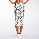 Black Paw And Heart Pattern Print Women's Capri Leggings