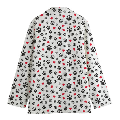 Black Paw And Heart Pattern Print Women's Cotton Blazer