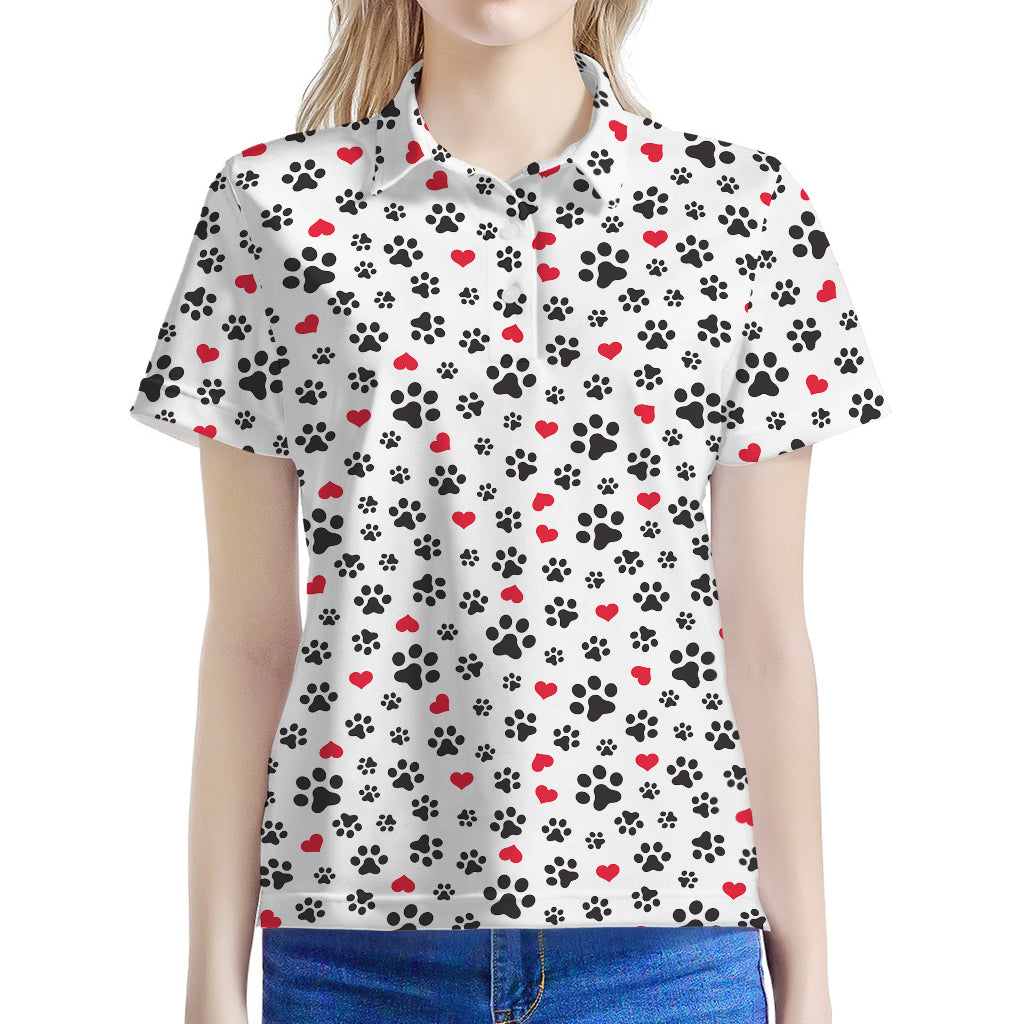 Black Paw And Heart Pattern Print Women's Polo Shirt