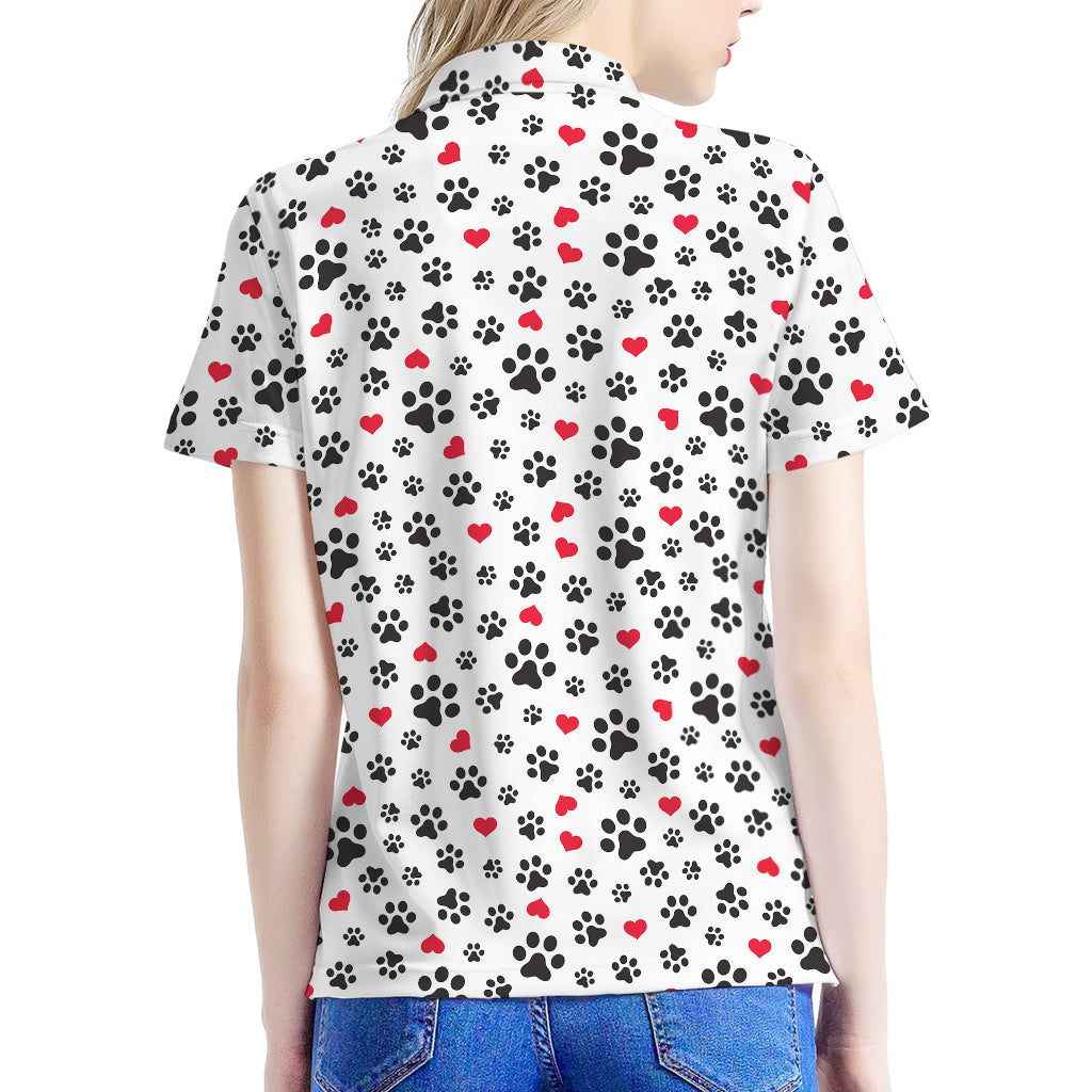 Black Paw And Heart Pattern Print Women's Polo Shirt