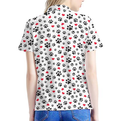 Black Paw And Heart Pattern Print Women's Polo Shirt