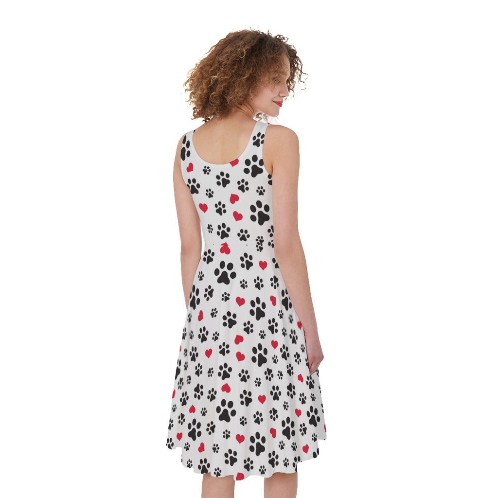Black Paw And Heart Pattern Print Women's Sleeveless Dress