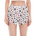 Black Paw And Heart Pattern Print Women's Split Running Shorts