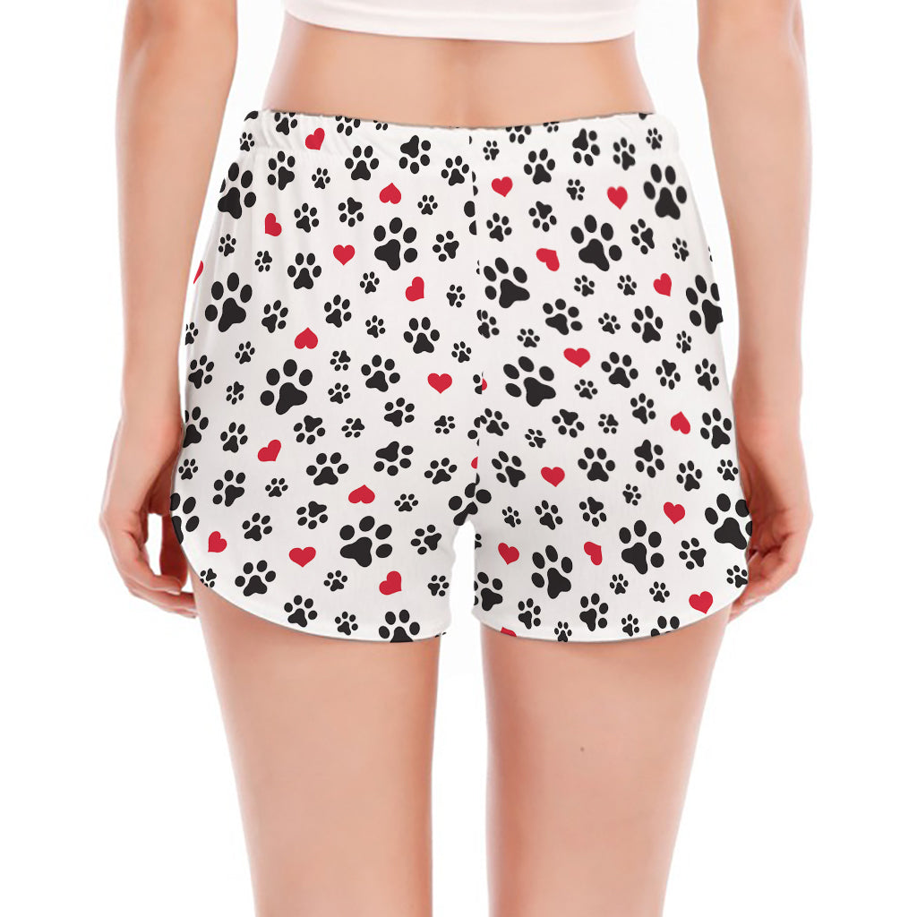 Black Paw And Heart Pattern Print Women's Split Running Shorts