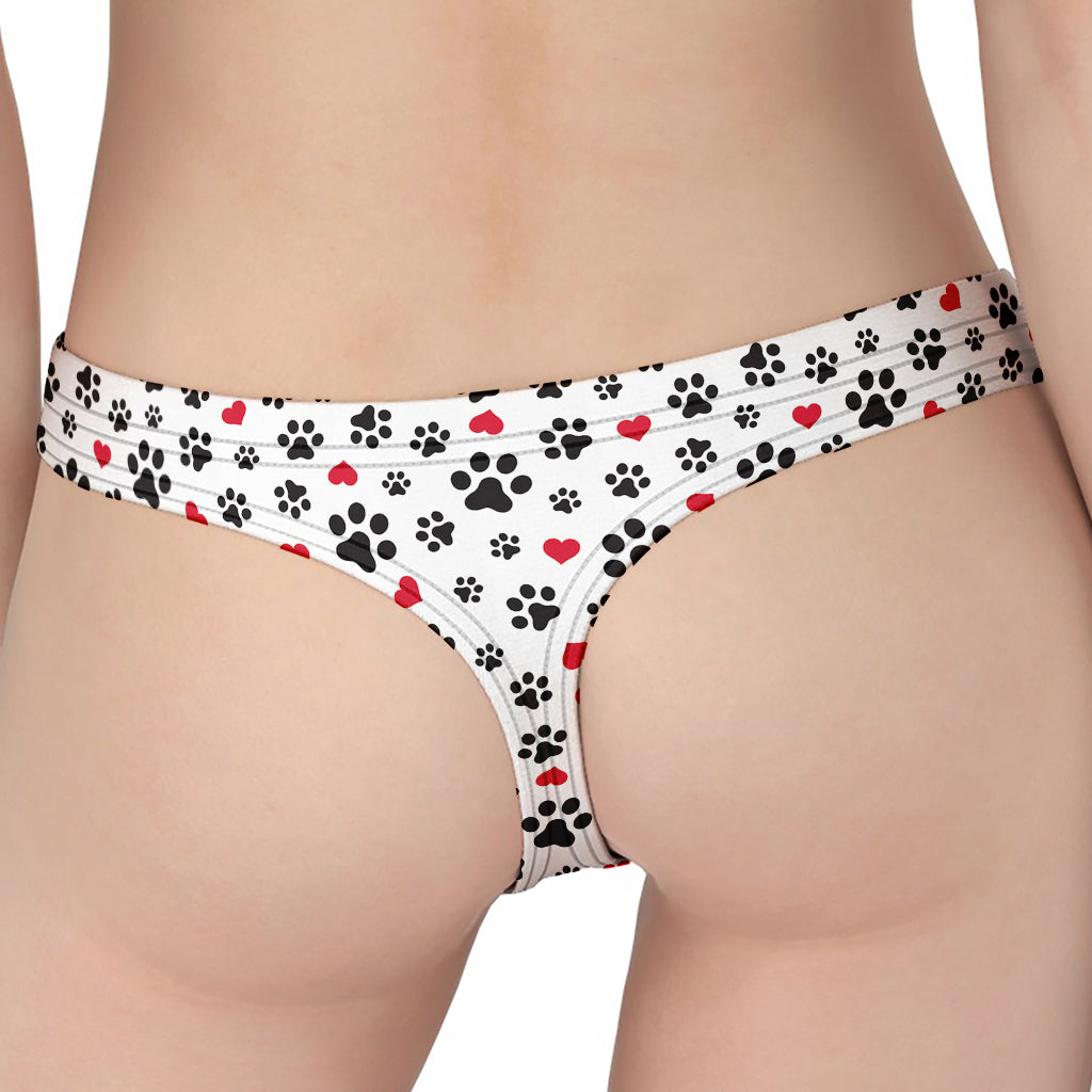 Black Paw And Heart Pattern Print Women's Thong