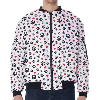 Black Paw And Heart Pattern Print Zip Sleeve Bomber Jacket