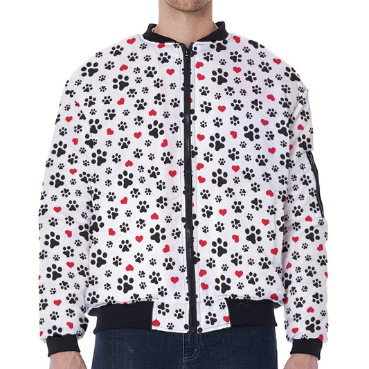 Black Paw And Heart Pattern Print Zip Sleeve Bomber Jacket