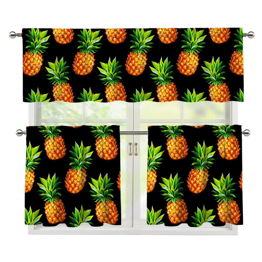 Black Pineapple Pattern Print 3 Piece Kitchen Curtains