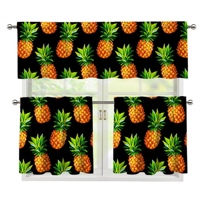 Black Pineapple Pattern Print 3 Piece Kitchen Curtains