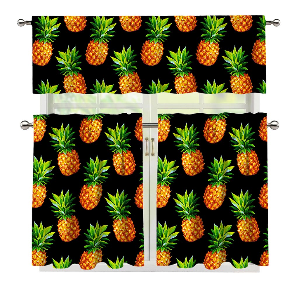 Black Pineapple Pattern Print 3 Piece Kitchen Curtains