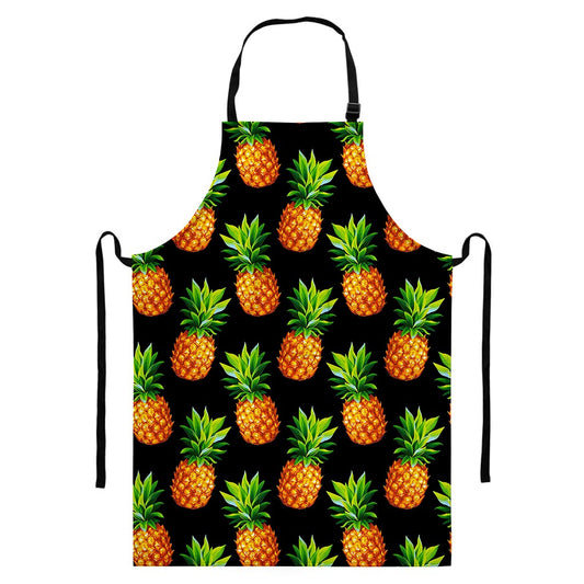 Black Pineapple Pattern Print Bib Apron With Pocket
