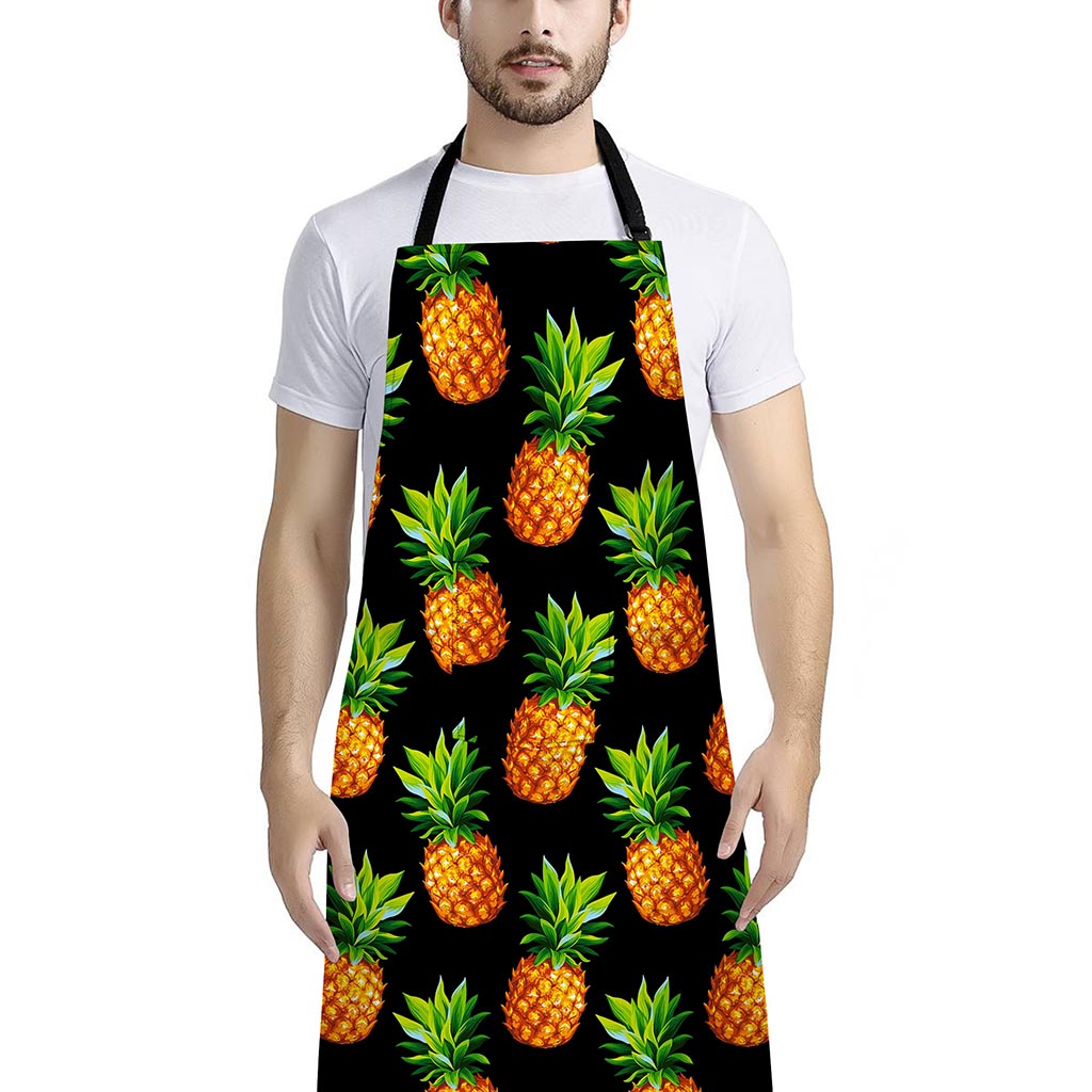 Black Pineapple Pattern Print Bib Apron With Pocket