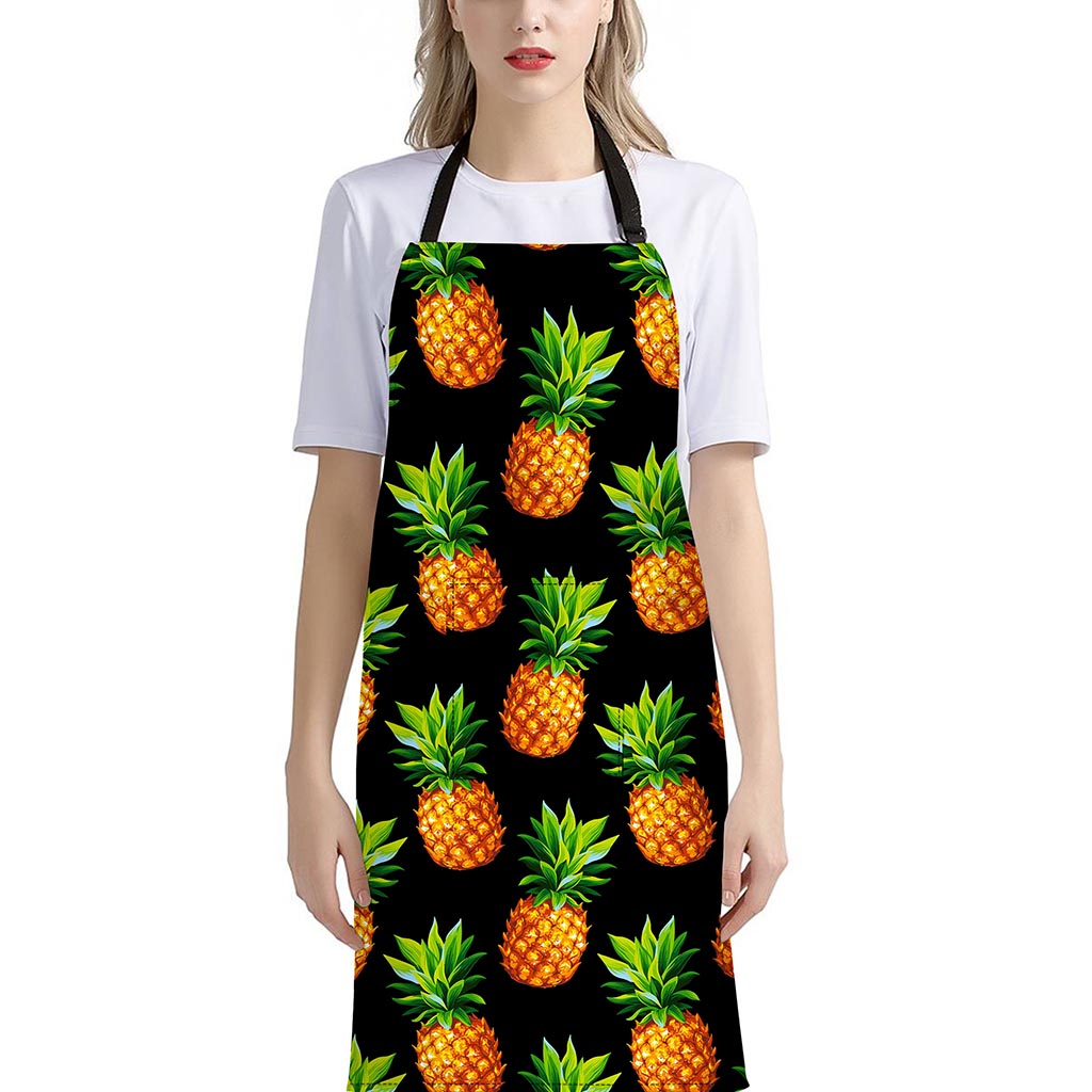 Black Pineapple Pattern Print Bib Apron With Pocket