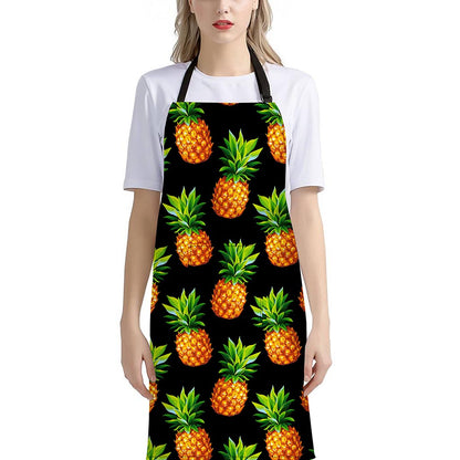 Black Pineapple Pattern Print Bib Apron With Pocket