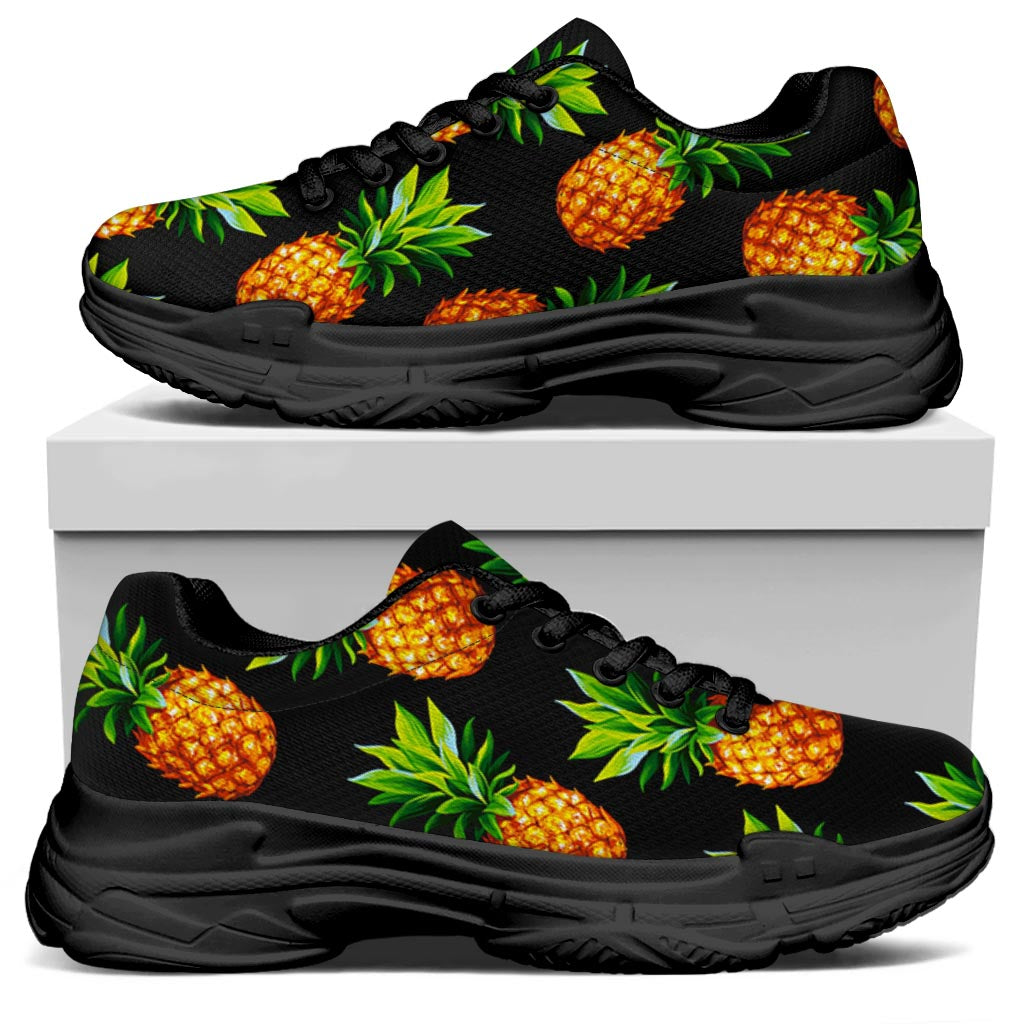 Black Pineapple Pattern Print Black Chunky Shoes