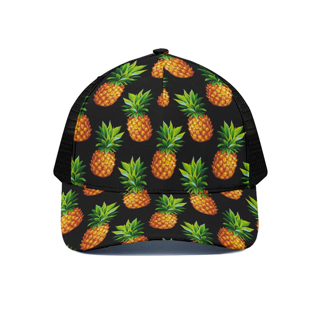 Black Pineapple Pattern Print Black Mesh Trucker Cap