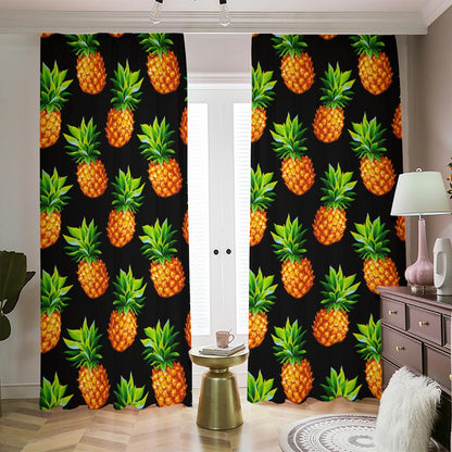 Black Pineapple Pattern Print Blackout Pencil Pleat Curtains