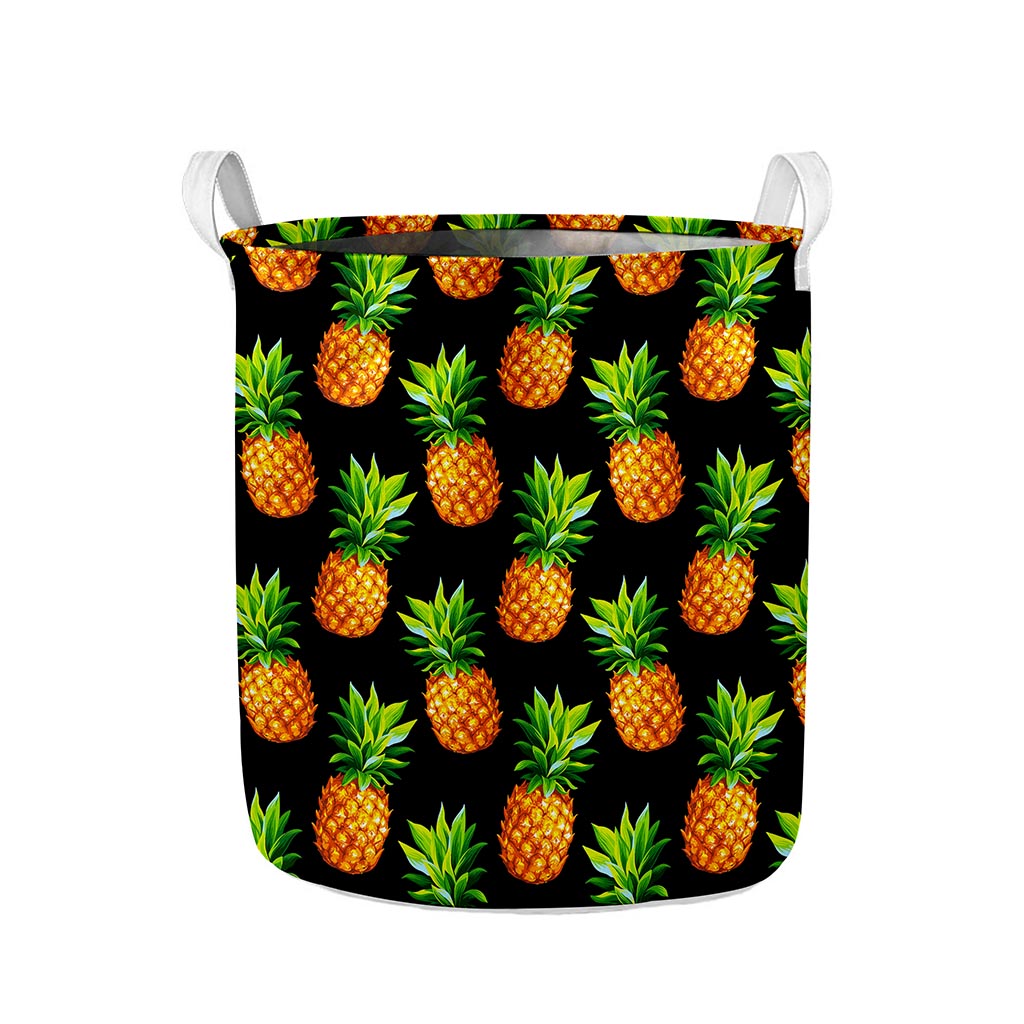 Black Pineapple Pattern Print Collapsible Laundry Basket
