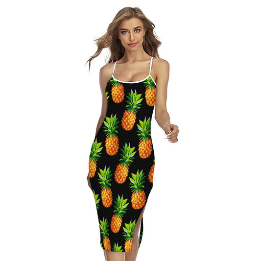 Black Pineapple Pattern Print Cross Back Cami Dress