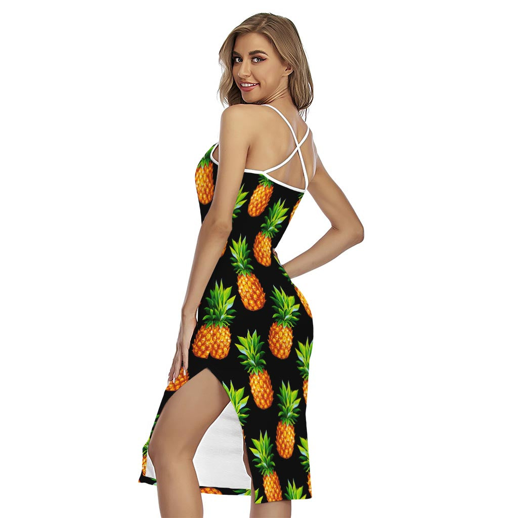 Black Pineapple Pattern Print Cross Back Cami Dress