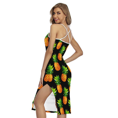 Black Pineapple Pattern Print Cross Back Cami Dress