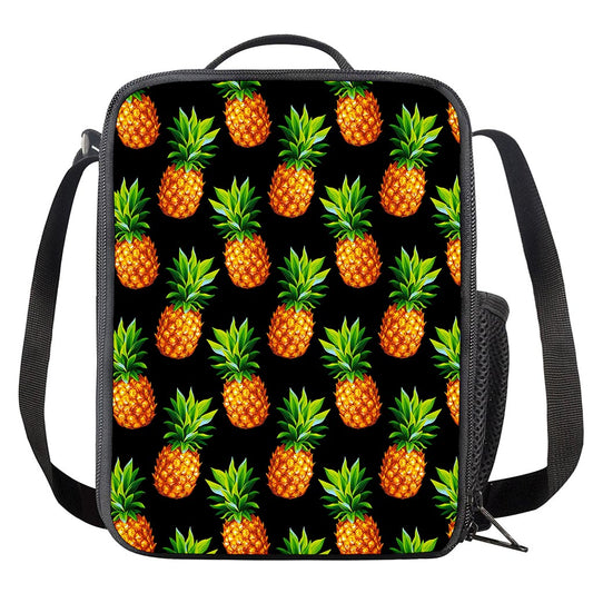 Black Pineapple Pattern Print Crossbody Lunch Bag