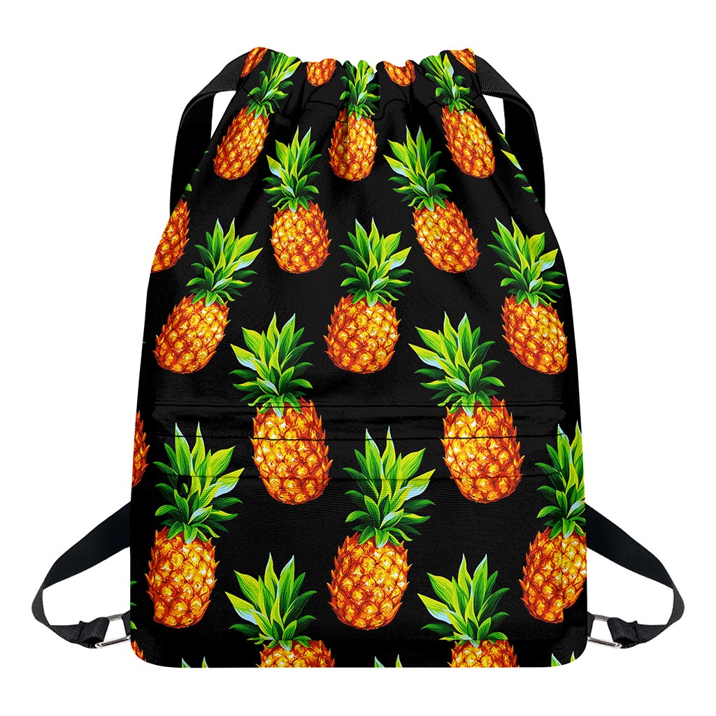 Black Pineapple Pattern Print Drawstring Backpack