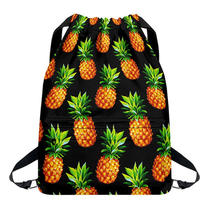 Black Pineapple Pattern Print Drawstring Backpack