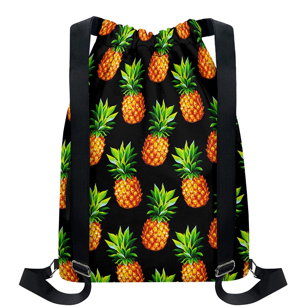 Black Pineapple Pattern Print Drawstring Backpack