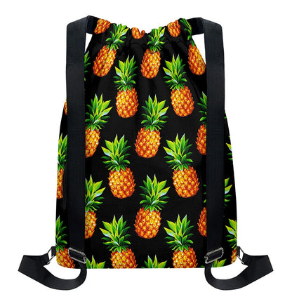 Black Pineapple Pattern Print Drawstring Backpack