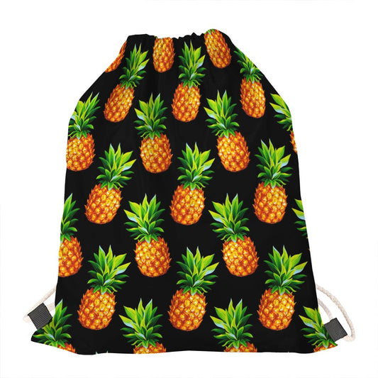 Black Pineapple Pattern Print Drawstring Bag