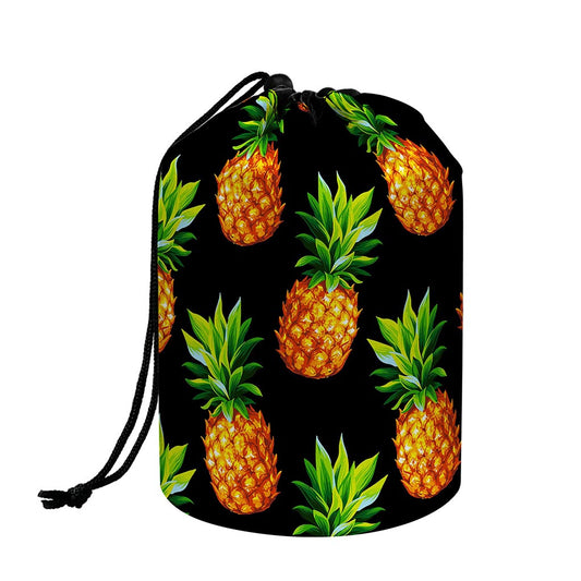 Black Pineapple Pattern Print Drawstring Makeup Bag
