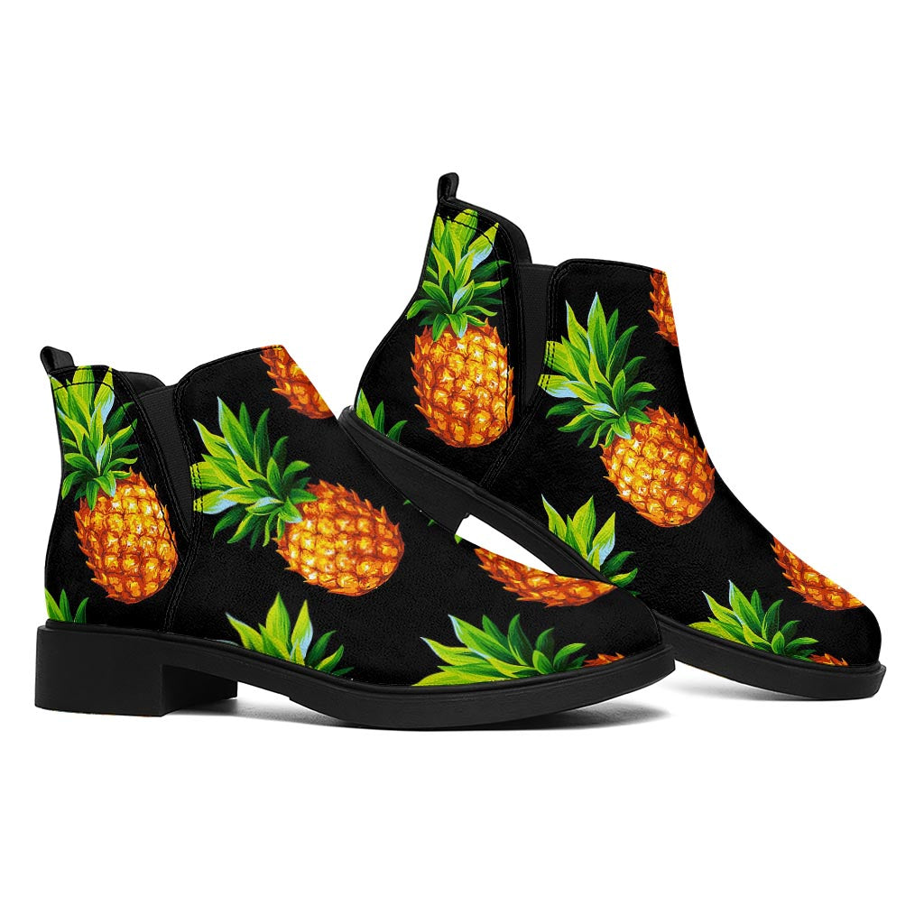 Black Pineapple Pattern Print Flat Ankle Boots