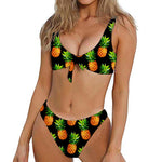 Black Pineapple Pattern Print Front Bow Tie Bikini