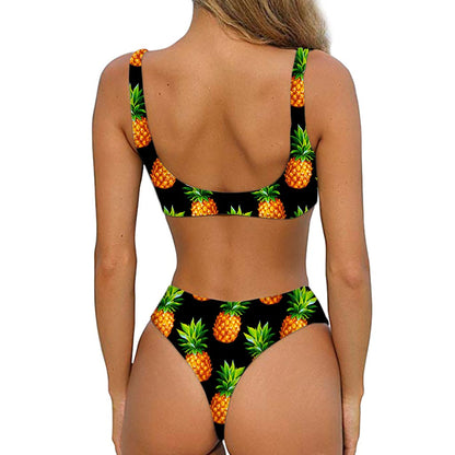 Black Pineapple Pattern Print Front Bow Tie Bikini