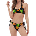 Black Pineapple Pattern Print Halter Scoop Tie Side Bikini