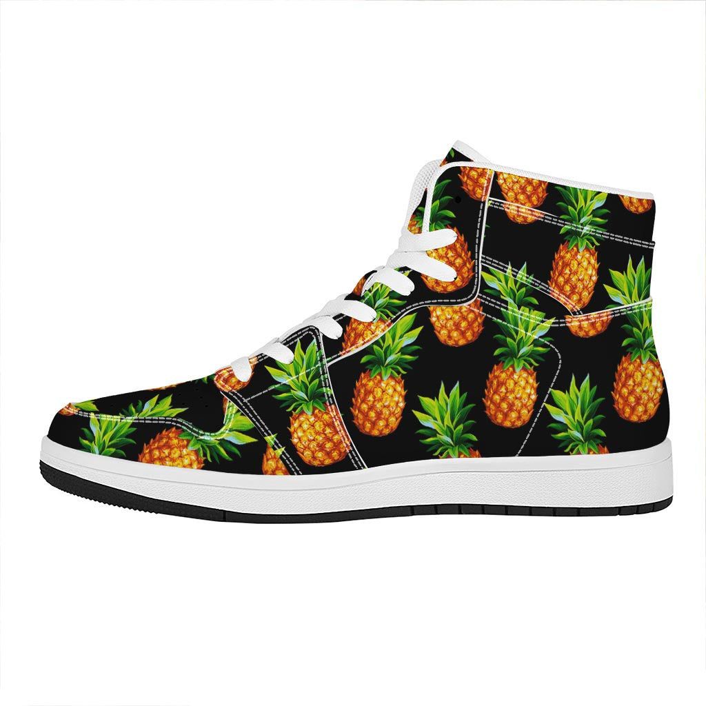 Black Pineapple Pattern Print High Top Leather Sneakers