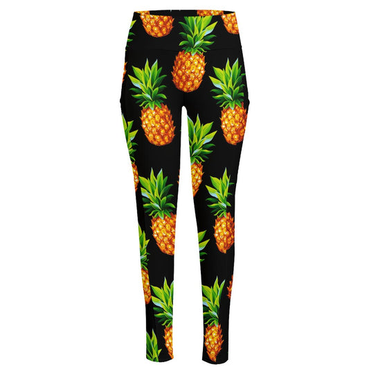 Black Pineapple Pattern Print High-Waisted Pocket Leggings