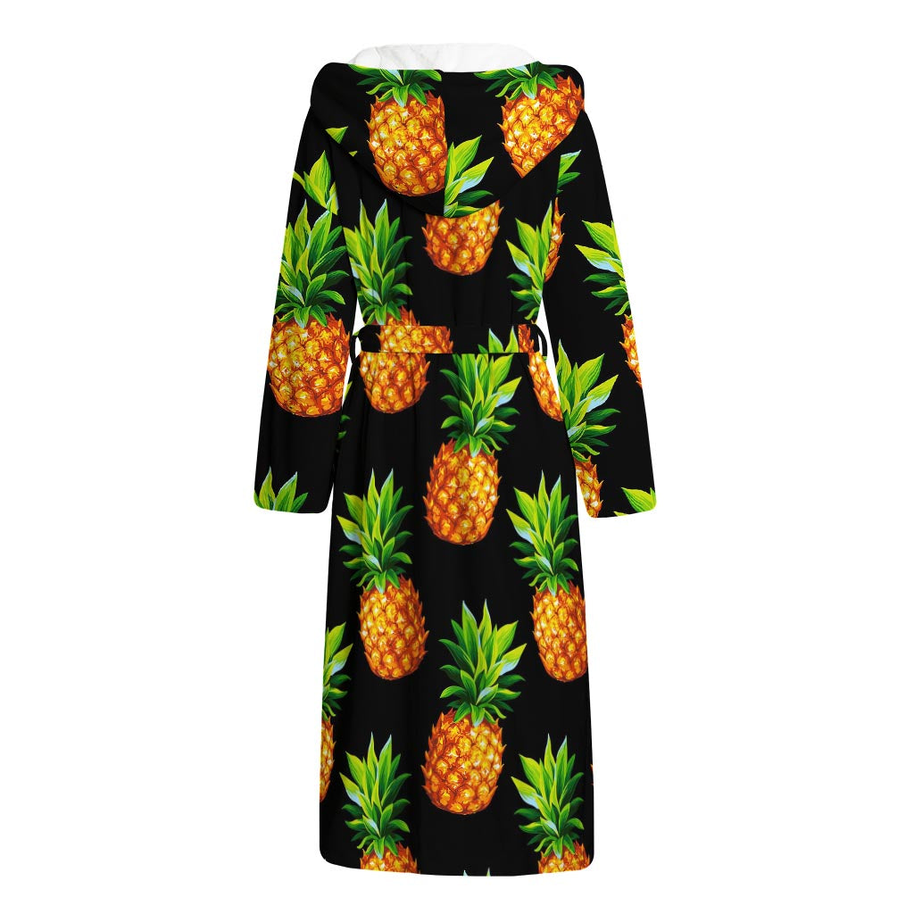 Black Pineapple Pattern Print Hooded Bathrobe