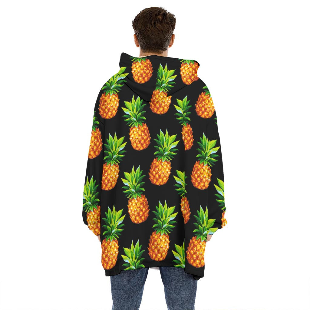 Black Pineapple Pattern Print Hoodie Blanket