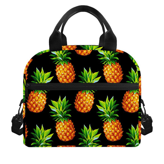 Black Pineapple Pattern Print Insulated Lunch Bag