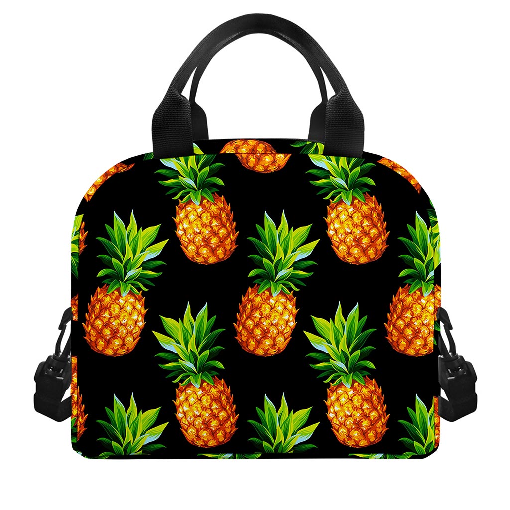 Black Pineapple Pattern Print Insulated Lunch Bag