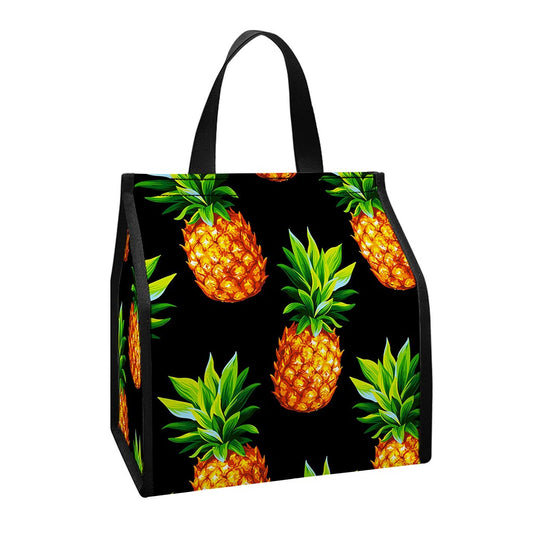 Black Pineapple Pattern Print Insulated Lunch Tote