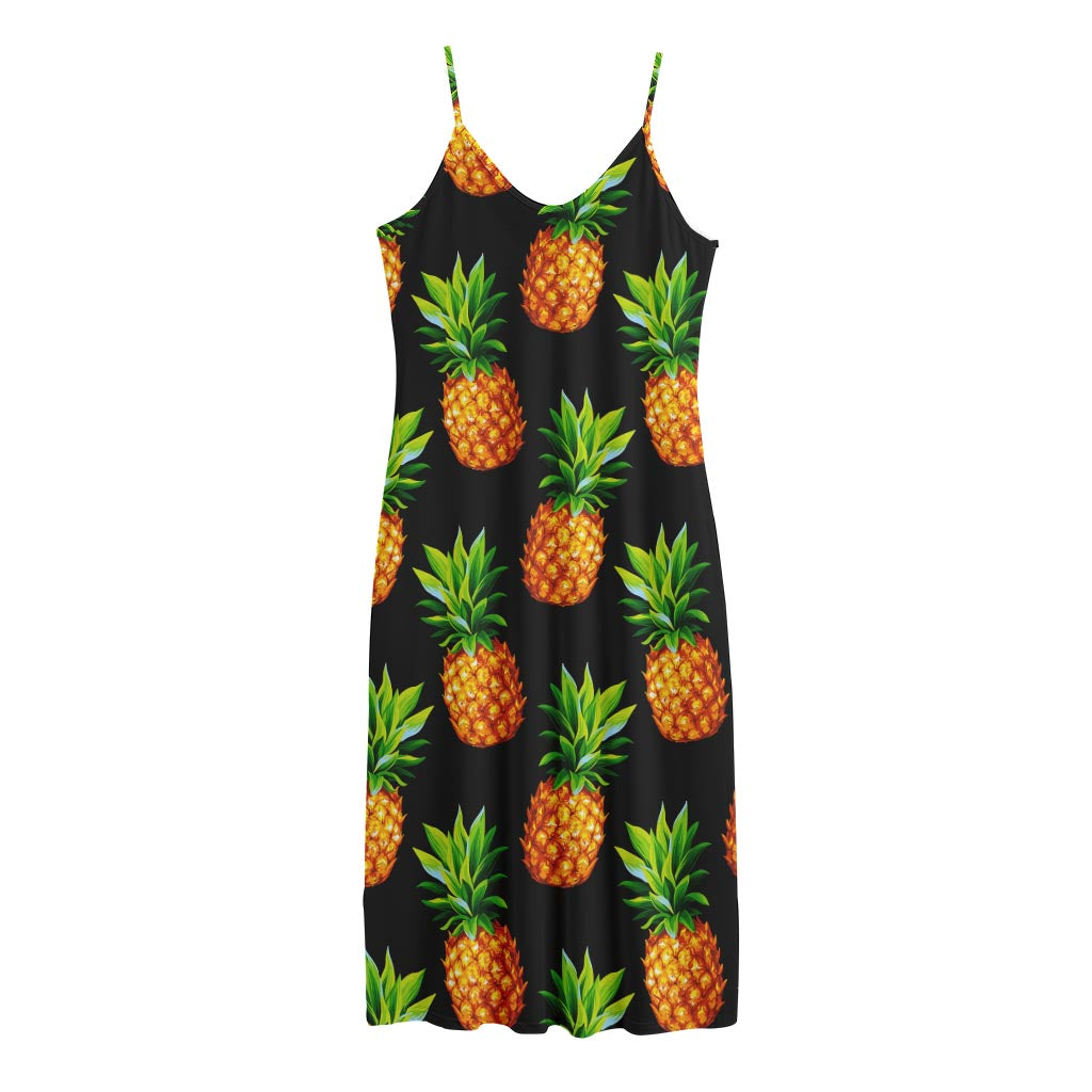Black Pineapple Pattern Print Jersey Midi Cami Dress