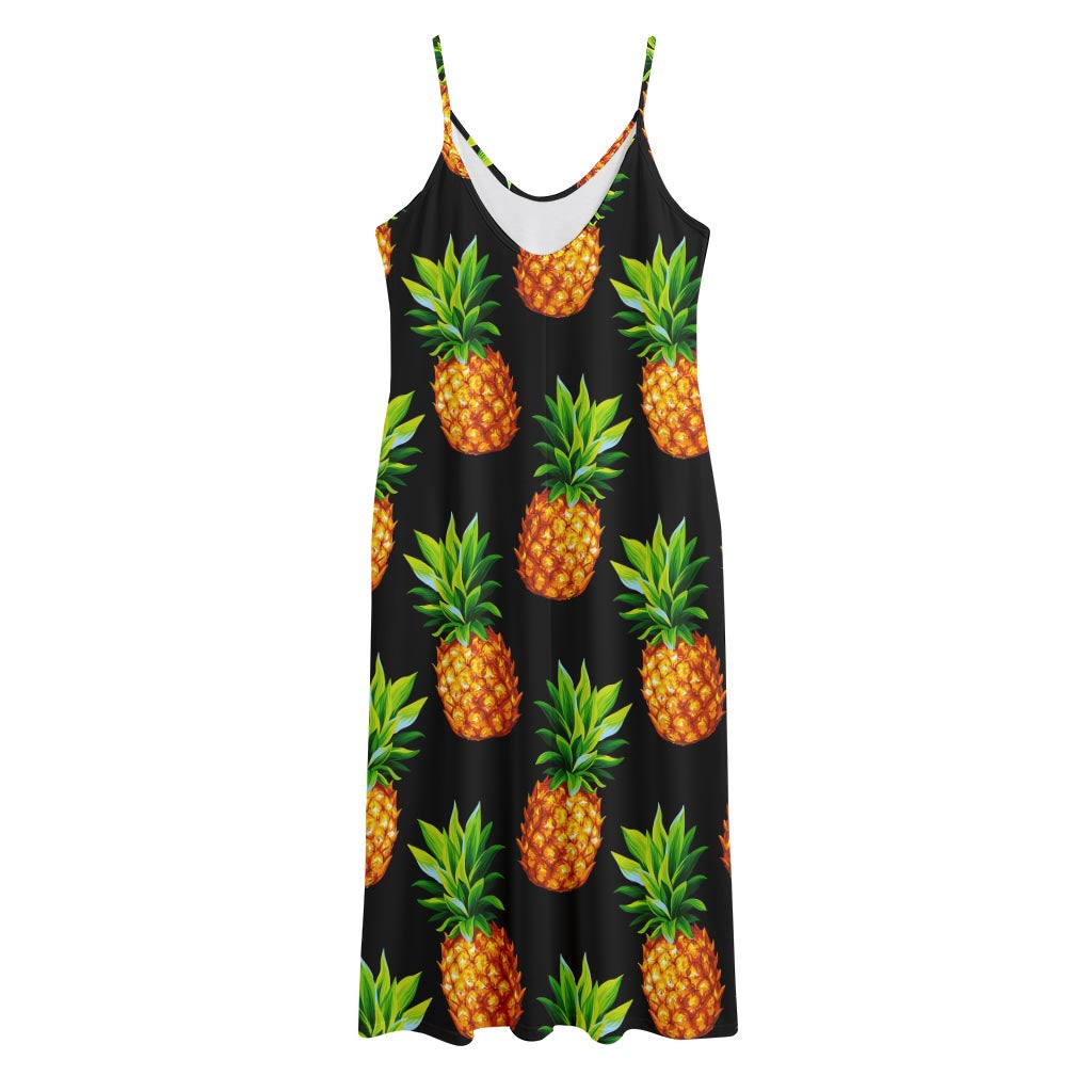 Black Pineapple Pattern Print Jersey Midi Cami Dress