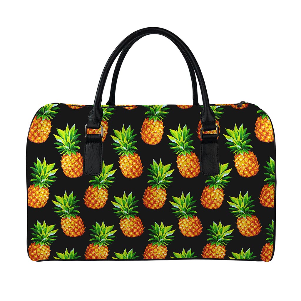 Black Pineapple Pattern Print Leather Duffle Bag