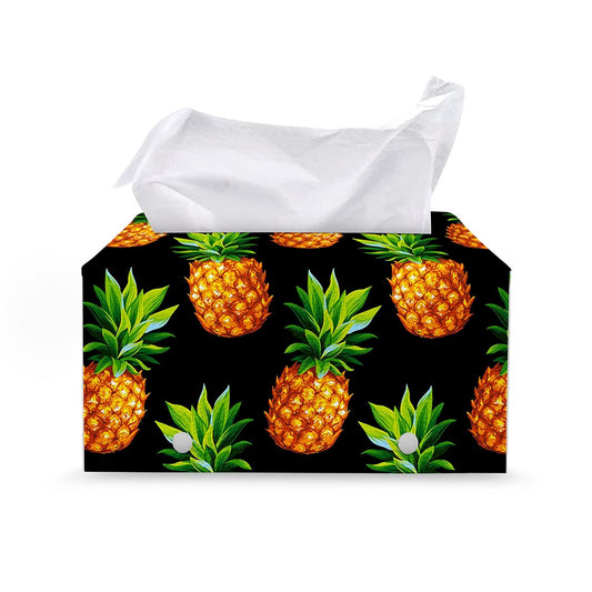 Black Pineapple Pattern Print Leather Tissue Box Cover