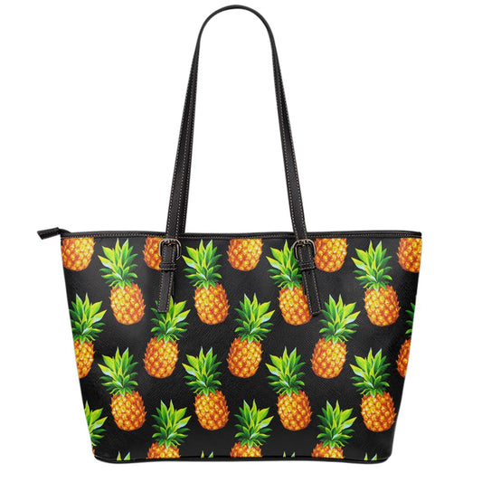 Black Pineapple Pattern Print Leather Tote Bag