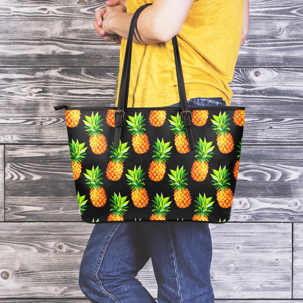 Black Pineapple Pattern Print Leather Tote Bag